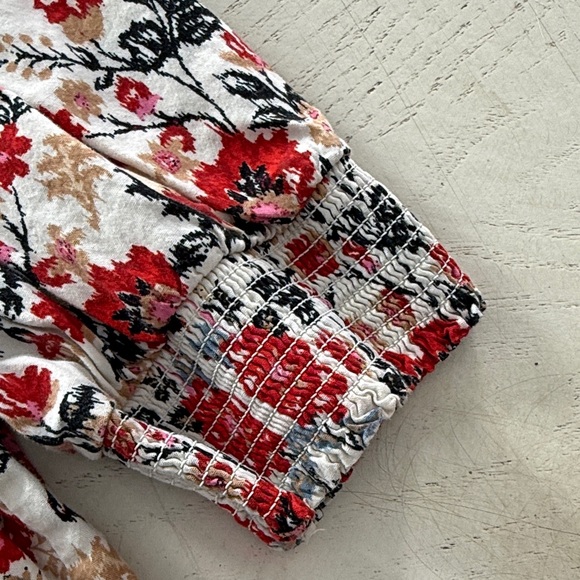 Loft Boho Floral Smocked Yoke Blouse in Cream, Red & Black - Large - Picture 4 of 10